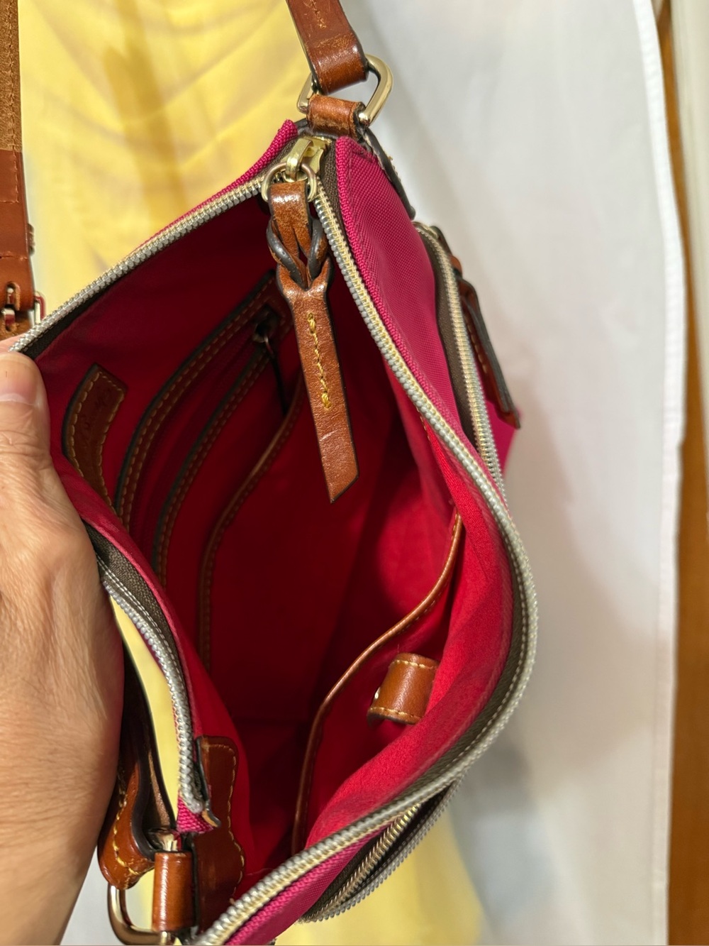 Dooney & Bourke Hot Pink Crossbody with Brown Leather Trim - Picture 8 of 9